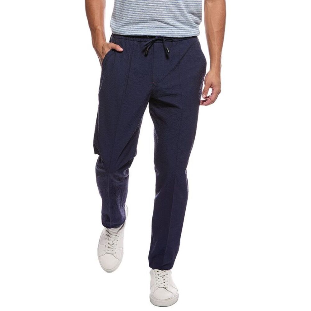 Isaia Mens Seersucker Drawstring Trouser, Blue